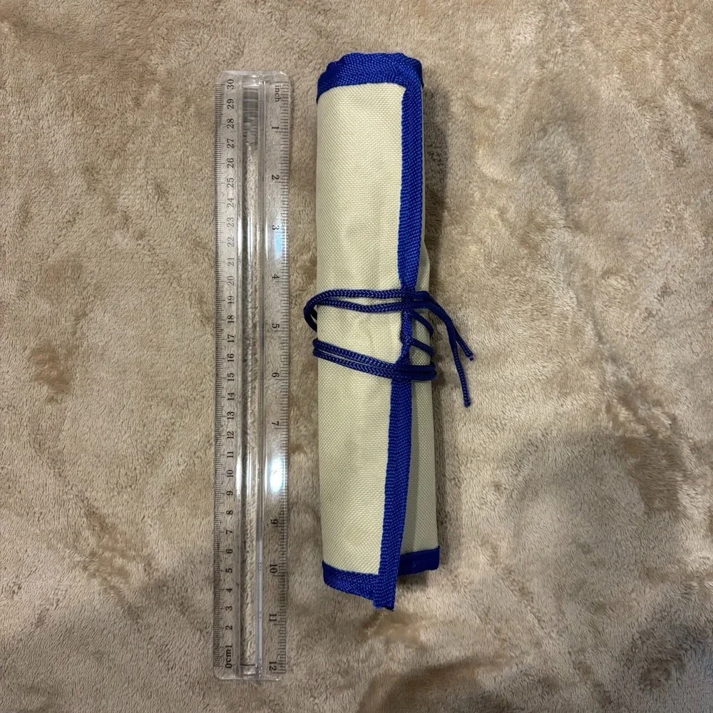 Canvas Paint Brush Roll Up Case Artist Organizer Beige Blue Trim Multi Pocket